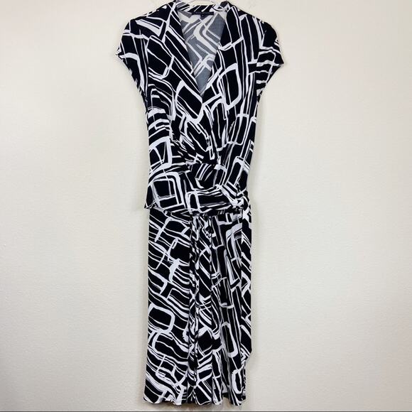 David Meister Black & White Abstract Print Faux Wrap Dress Size Medium - Picture 3 of 11